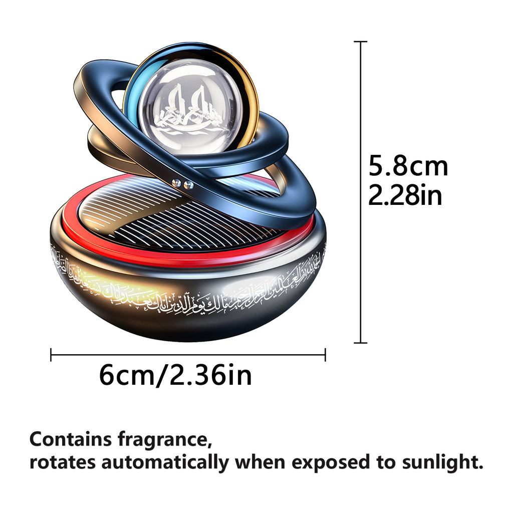 Solar-Powered Islamic Car Ornament – Rotating Bismillah Crystal Ball with Surah Al-Fatiha, Aromatherapy Diffuser & Silver/Red Colors