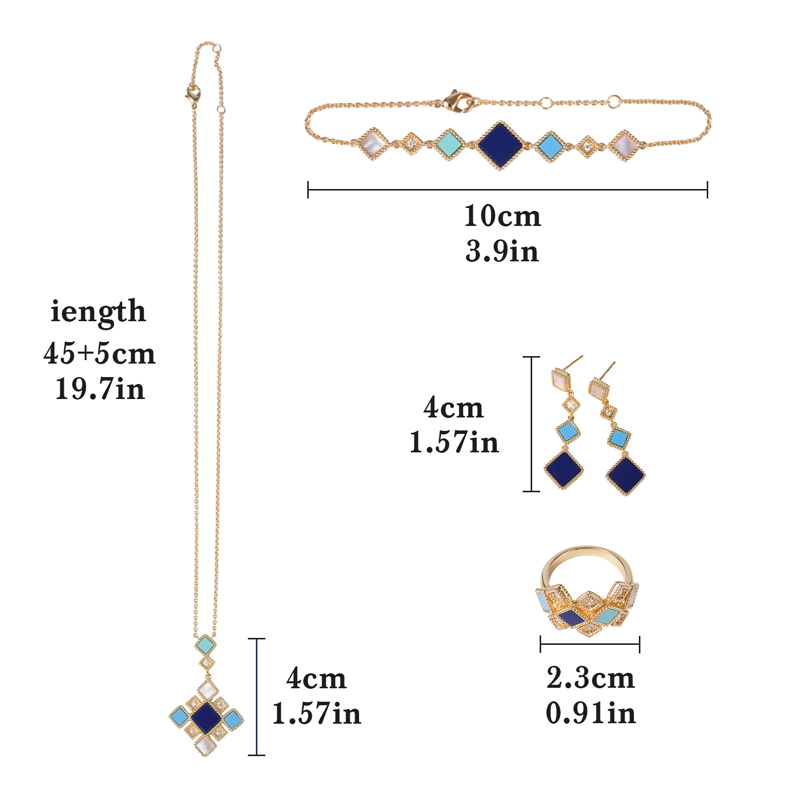 Islamic Jewelry Set in Mosque Blue – 18K Gold-Plated Copper Geometric Necklace, Earrings, Bracelet & Ring – Muslim Fashion Gift for Ramadan & Eid